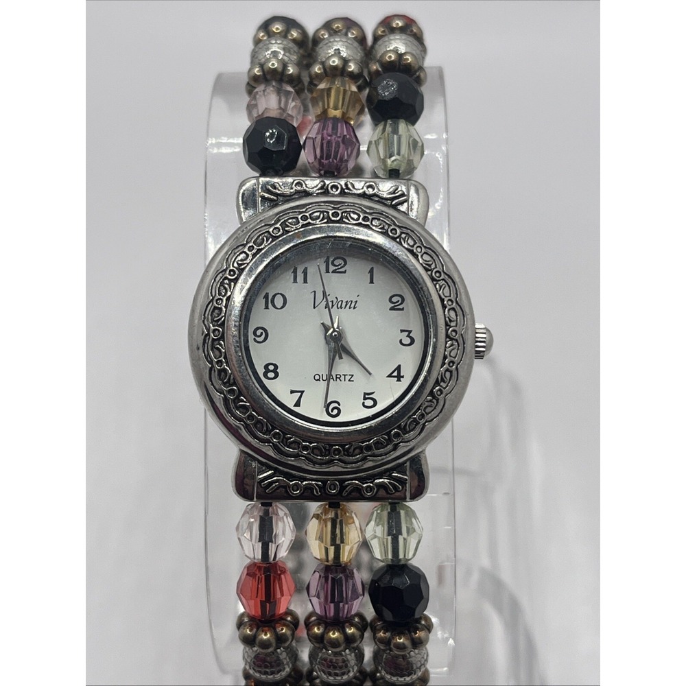 Vivani Women's Quartz Watch Multicolor Beaded Stretch Band 28mm Case New Battery
